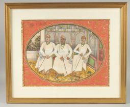 A FINE LARGE 19TH CENTURY INDIAN PAINTING OF THREE NOBLEMEN, painted with a floral border heightened