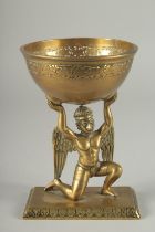 A FINE 19TH CENTURY INDIAN BRASS OFFERING BOWL WITH A GARUDA BASE, 17.5cm high.