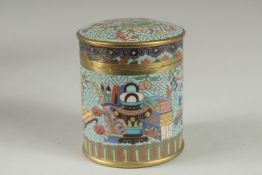 A CHINESE BLUE GROUND CLOISONNE CYLINDRICAL BOX AND COVER, decorated with various objects, the