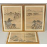 A SET OF THREE CHINESE LANDSCAPE PAINTINGS ON SILK, each inscribed and with red seal, framed and