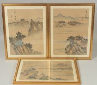 A SET OF THREE CHINESE LANDSCAPE PAINTINGS ON SILK, each inscribed and with red seal, framed and