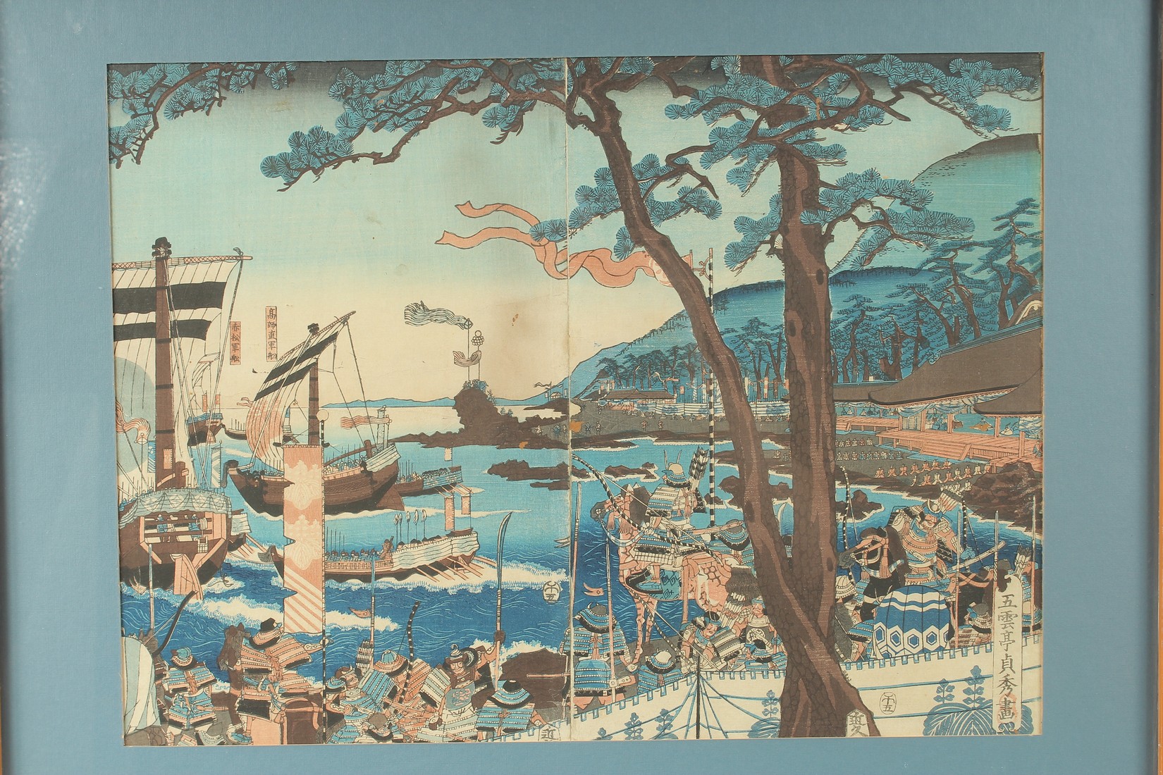 AN ORIGINAL JAPANESE TWO-PART WOODBLOCK PRINT, depicting a landscape scene of warriors on - Image 2 of 2