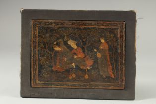 A FINE 17TH CENTURY SAFAVID LACQUERED AND PAINTED PANEL, decorated with figures in a woodland