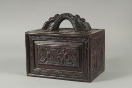 A GOOD 19TH CENTURY CHINESE MAHJONG GAME SET IN A CARVED HARDWOOD BOX, with carved bone counters,