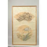 TWO FRAMED CHINESE PAINTINGS ON SILK, one fan painting depicting a mountainous landscape, the