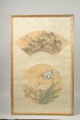 TWO FRAMED CHINESE PAINTINGS ON SILK, one fan painting depicting a mountainous landscape, the