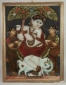 A FINE AND LARGE SOUTH INDIAN TANJORE REVERSE GLASS PAINTING OF FLUTING KRISHNA, inset within a