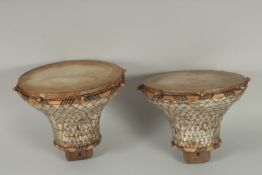 A PAIR OF 18TH-19TH CENTURY OTTOMAN MOTHER OF PEARL INLAID DRUMS, drum surface 21cm diameter.