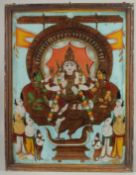 A VERY FINE AND LARGE SOUTH INDIAN TANJORE REVERSE GLASS PAINTING OF A DEITY, inset within a