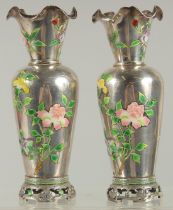 A FINE PAIR OF CHINESE ENAMELLED SILVER VASES, each decorated with enamelled floral sprays, the