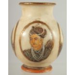 A PAINTED PORTRAIT ALABASTER VASE, 13cm high.