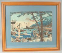 AN ORIGINAL JAPANESE TWO-PART WOODBLOCK PRINT, depicting a landscape scene of warriors on