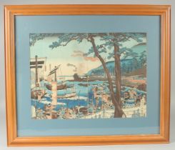 AN ORIGINAL JAPANESE TWO-PART WOODBLOCK PRINT, depicting a landscape scene of warriors on