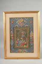 A LARGE PERSIAN PAINTING, depicting figures in a courtyard with another figure looking down from a