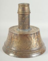 A RARE LARGE 14TH-15TH CENTURY MAMLUK ENGRAVED BRASS CANDLESTICK BASE with later wooden top,