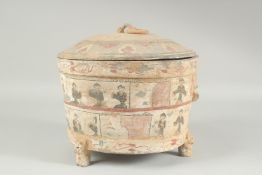 AN UNUSUAL CHINESE POTTERY LIDDED CIRCULAR POT, supported on three moulded zoomorphic legs, 28cm