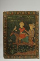 A QAJAR LACQUERED AND PAINTED BOOK COVER, decorated with a falconer on horseback with attendant,