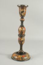 A 19TH CENTURY INDIAN KASHMIRI LACQUERED PAPIER MACHE CANDLESTICK, 39.5cm high.