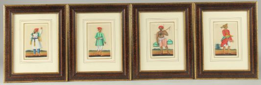 FOUR 19TH CENTURY INDIAN PAINTINGS ON MICA, framed and glazed, each image 10.5cm x 7cm.