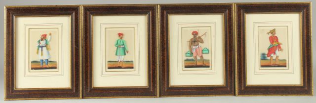 FOUR 19TH CENTURY INDIAN PAINTINGS ON MICA, framed and glazed, each image 10.5cm x 7cm.