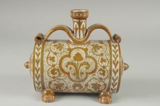 A FINE 18-19TH CENTURY HISPANO MORESQUE LUSTED BARREL SHAPED VESSEL, 20cm long.