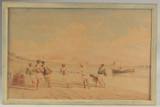 PIETRO BELLO (1830-1909): A TURKISH WATERCOLOUR PAINTING OF AN ISTANBUL COASTAL SCENE, signed and