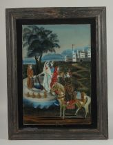 A LARGE 19TH CENTURY INDIAN REVERSE GLASS PAINTING OF A PRINCE ON HORSE, inset within a wooden