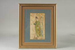A PERSIAN MINIATURE PAINTING, depicting a male figure, finished with gilt highlights, framed and