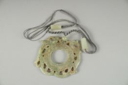 A CHINESE 19-20TH CENTURY ARCHAIC STYLE PENDENT NECKLACE, pendant 9cm x 9cm.