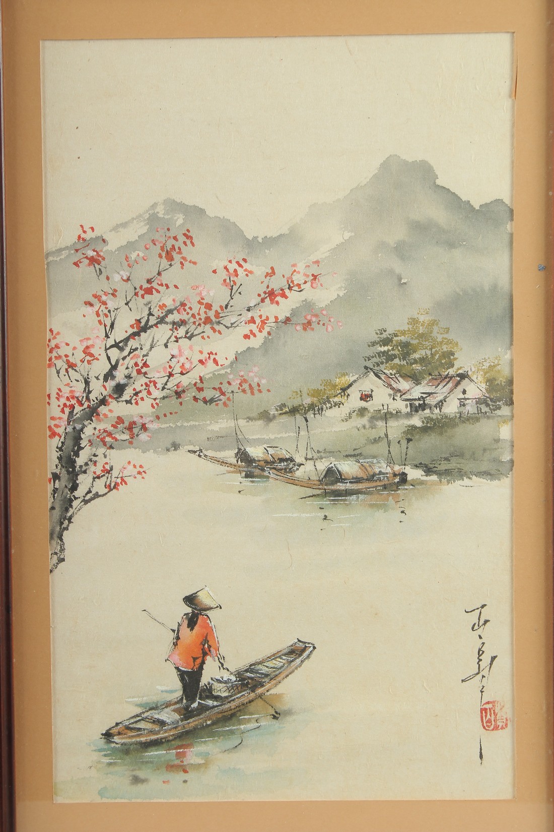 AN ORIGINAL CHINESE PAINTING ON PAPER, depicting a landscape scene with a figure on a boat, - Image 2 of 2