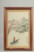 AN ORIGINAL CHINESE PAINTING ON PAPER, depicting a landscape scene with a figure on a boat,