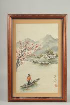 AN ORIGINAL CHINESE PAINTING ON PAPER, depicting a landscape scene with a figure on a boat,