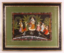 A LARGE FRAMED ISLAMIC / INDIAN PAINTING ON TEXTILE, depicting a blue skin god mid parade or