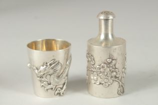 A CHINESE SILVER CUP, marks to the base, together with a white metal sprinkler, (2).