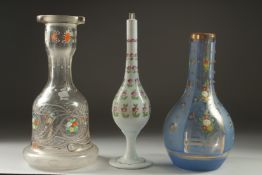 TWO 19TH CENTURY OTTOMAN MARKET BOHEMIAN GLASS HUQQA BASES, and another Turkish Ottoman Beykoz glass
