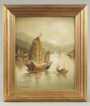 AN ORIGINAL CHINESE OIL PAINTING ON CANVASS BY L. WONG, depicting a junk on the water, inset