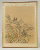 AN ORIGINAL CHINESE LANDSCAPE PAINTING ON SILK, framed and glazed, image 27.5cm x 30cm.