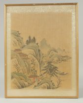 AN ORIGINAL CHINESE LANDSCAPE PAINTING ON SILK, framed and glazed, image 27.5cm x 30cm.