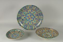 A COLLECTION OF THREE 19TH CENTURY MOROCCAN GLAZED POTTERY CHARGERS, with graduating sizes, 43cm,