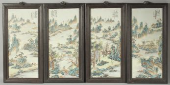 FOUR CHINESE FAMILLE VERTE PORCELAIN PANELS, inset within wooden frames, each depicting
