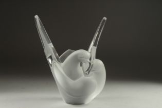 A LALIQUE FROSTED GLASS VASE "TWO DOVES". Signed Lalique, France. 8ins high.