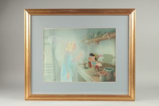 A WALT DISNEY COMPANY CELL, PINOCCIO, JIMINY CRICKET, THE BLUE FAIRY. DISNEY, 151/275. Framed and