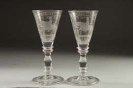 A GOOD PAIR OF WINE GLASSES engraved "THE GLORIOSE MEMORY OF KING WILLIAM.on horseback & "NO