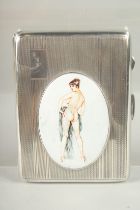 AN ENGINE TURNED SILVER CIGARETTE CASE. Birmingham, 1946 with an oval of a nude.