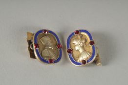 A PAIR OF RUSSIAN SILVER & BLUE ENAMEL CUFF LINKS. Marks: 88, I P.