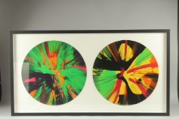 DAMIEN HIRST. A GOOD PAIR OF FRAMED AND GLAZED DAMIEN HIRST SPINS. 16.5ins diameter each.