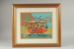 A WARNER BROS. CELL, WYLIE COYOTE AND ROAD RUNNER. Signed: Chuck Jones, 144/500. Authenticated by