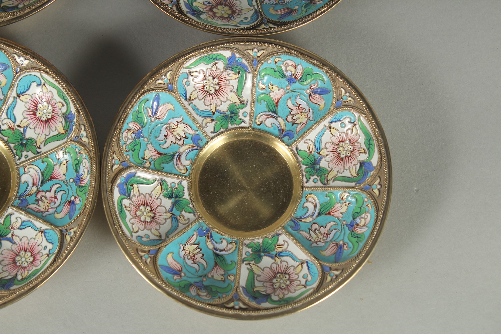 A GOOD SET OF FOUR RUSSIAN SILVER AND ENAMEL SAUCERS. 11.5cm diameter. Mark: Head, 84, A.C. over - Image 3 of 8