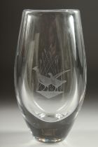 A HEAVY SWEDISH VASE engraved with two pheasants. 10ins high.