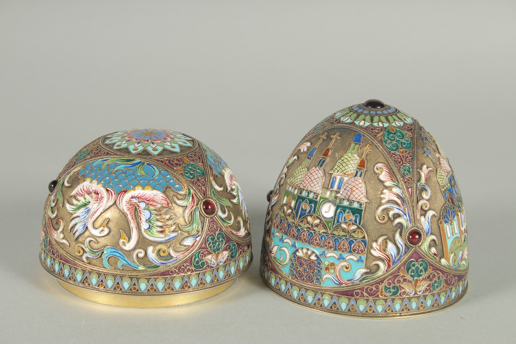 A LARGE RUSSIAN SILVER AND ENAMEL EGG, decorated with panels of white swans and Russian orthodox - Image 4 of 10